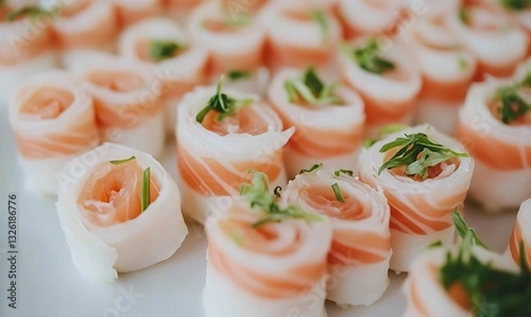 Fototapeta Salmon Wrapped Rice Paper Appetizers Displayed as Culinary Art at Event Catering Service