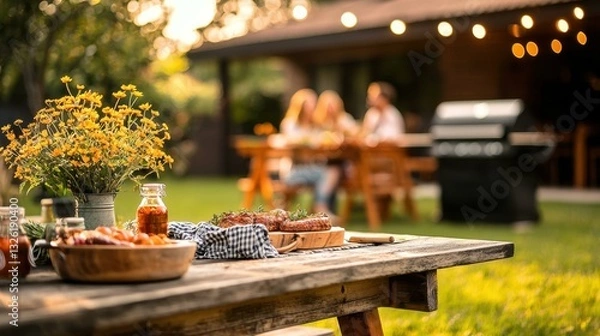 Fototapeta Backyard barbecue cookout picnic party with friends, grilled meat on wooden platter, family gathering feast at outdoor table with flowers and bbq, summer celebration concept.
