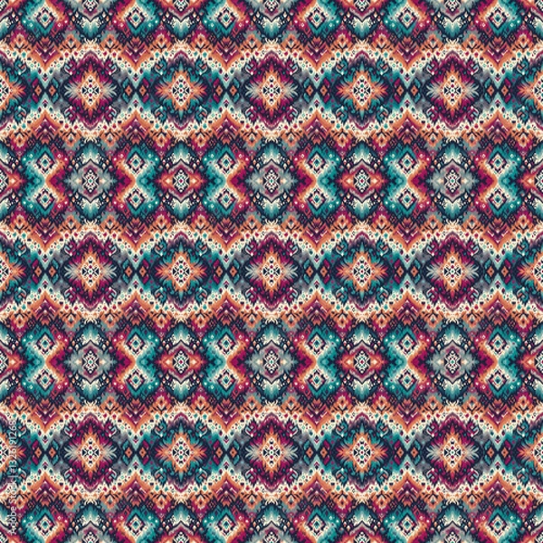 Fototapeta AI Generative Seamless IKAT Pattern | Textile Design Prints Patterns | Fashion Fabric Prints & Patterns | Ethnic Boho Motif | Decorative Abstract Background