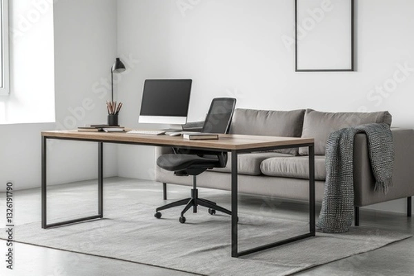 Fototapeta Modern home office with desk, computer, and sofa.