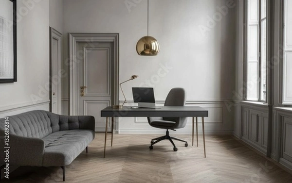Fototapeta Modern home office with gray sofa, desk, and gold lamp.