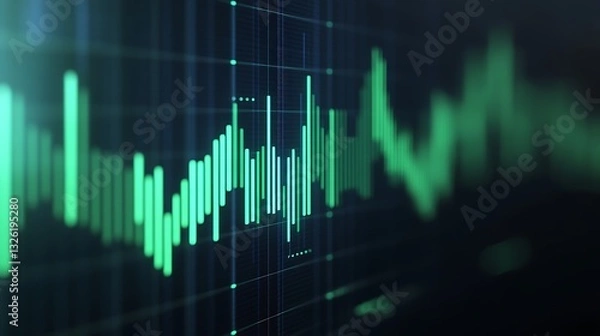 Fototapeta Green Digital Data Visualization with Waveform and Graph Lines Representing Analytics and Performance Trends