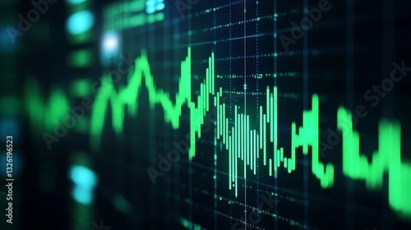 Obraz Green Graph with Marked Fluctuations and Data Analysis Background for Financial Visualizations and Reports