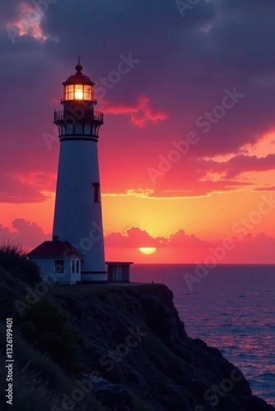 Obraz Lighthouse silhouetted against vibrant sunset sky, sunset, tower
