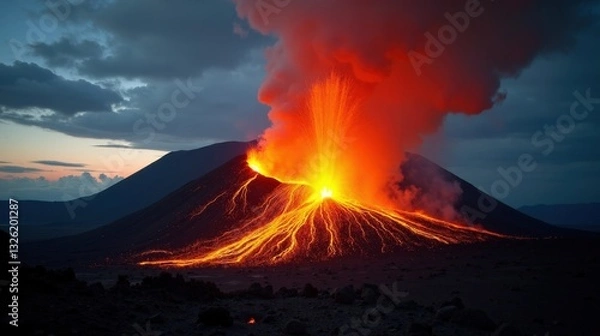 Fototapeta Molten lava erupts from a fiery volcano, glowing intensely against the dark sky. Thick smoke billows upward, contrasting with the vibrant red and orange hues of the volcanic eruption.