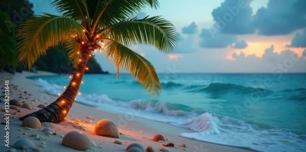 Fototapeta Palm tree adorned with Christmas lights, scattered seashells near ocean waves, tropical paradise, bright