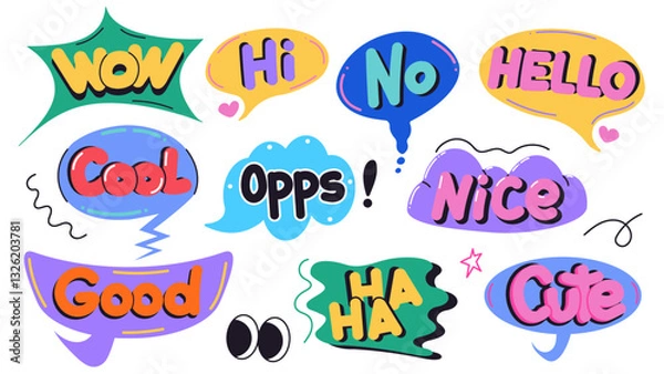 Fototapeta Set of doodle speech bubble with text. Chat design element in funky groovy style. Cartoon isolated vector illustration.