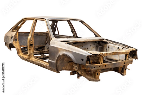 Fototapeta Rusty Abandoned Car Frame in a Scrap Yard isolated on white background as transparent PNG. GENERATIVE AI