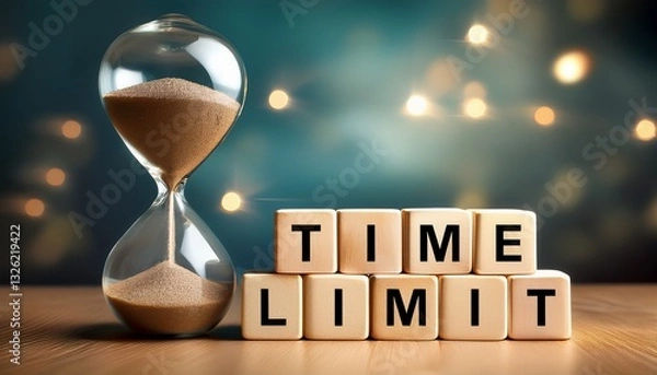 Obraz タイムリミットを意味する英語のtime limitの文字が書かれたキューブブロックと残り時間を表す砂時計。aiで生成