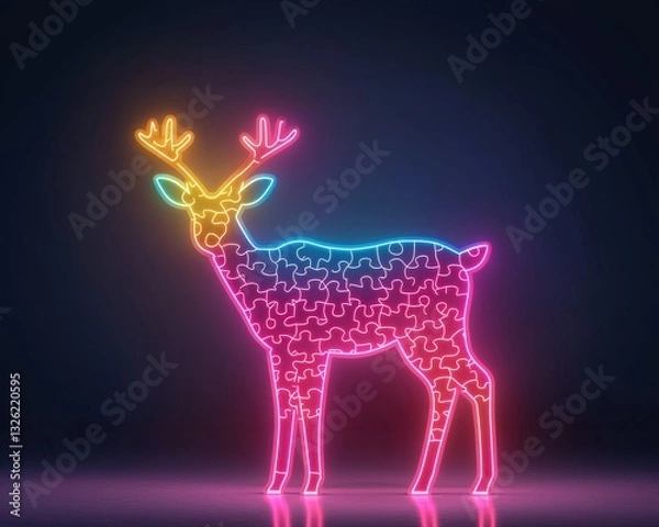 Fototapeta A deer made of glowing neon puzzle shapes
