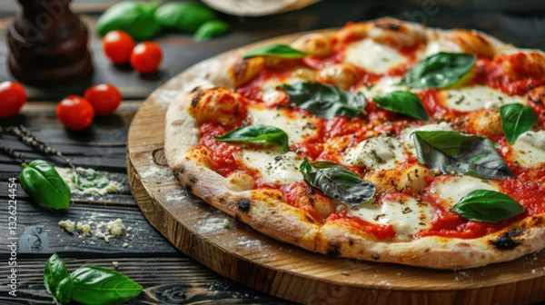 Fototapeta margherita pizza with basil leaf and mozzarella on a wooden table