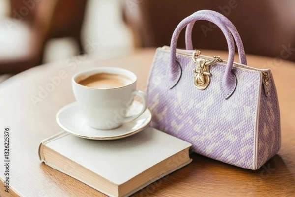 Fototapeta Stylish Composition Featuring a Purple Snake Pattern Handbag Next to a Coffee Cup and a Book on a Wooden Table