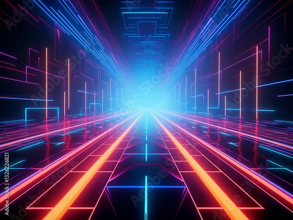 Fototapeta 80s neon graphic design with glowing colors and bold geometric shapes radiating dynamic energy