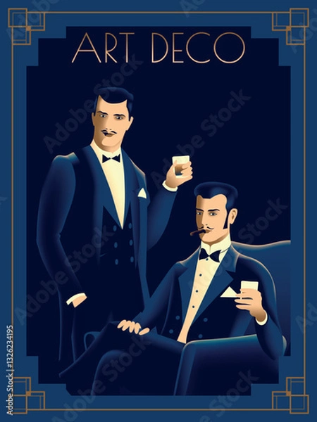 Obraz Gentlemen in the style of the early 20th century. Retro party invitation card. Handmade drawing vector illustration. Art Deco style.