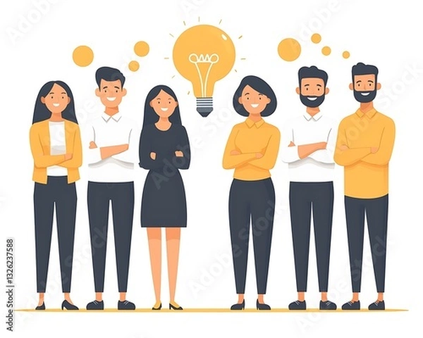 Fototapeta A collaborative team poses together with a bright lightbulb overhead