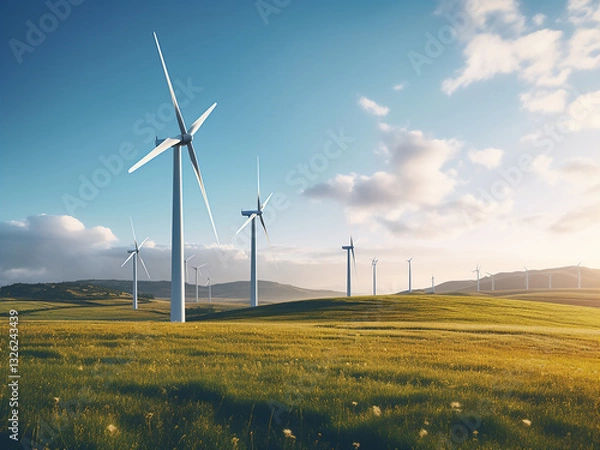 Fototapeta Expanding wind farm with turbines stretching across the horizon generating clean power