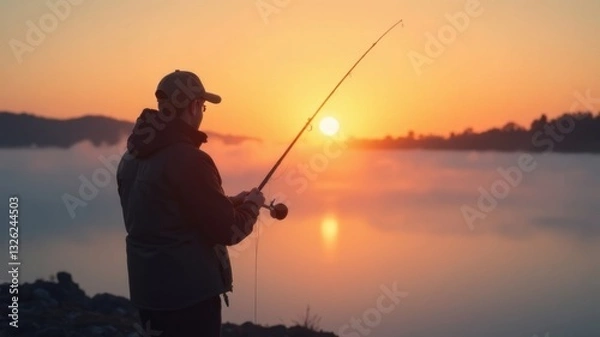 Fototapeta fisherman with a fishing rod near the lake catching fish at dawn