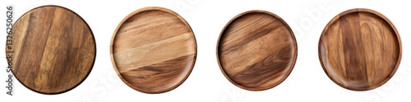 Fototapeta Set of round rustic wooden plates or platters with natural wood grain texture and pattern  Simple minimalist background for culinary display lifestyle product photography or texture design