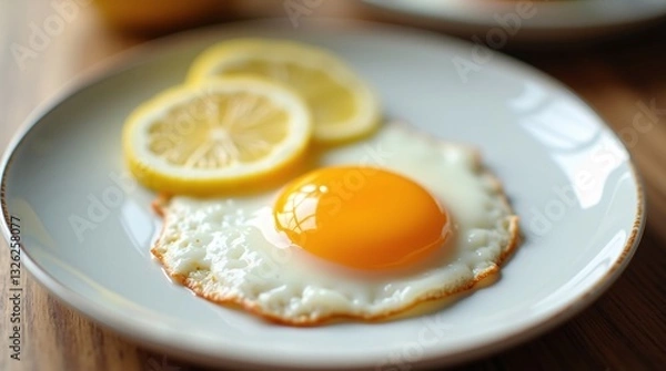 Fototapeta Breakfast plate with fried egg and lemon slice on white tablecloth