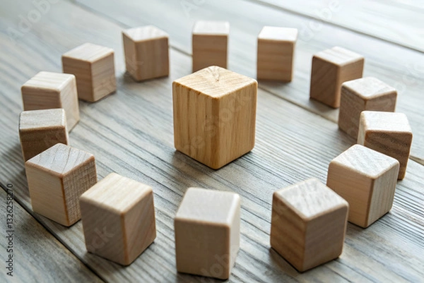 Fototapeta qualitative research, Wooden Building Blocks Arranged in a Circular Pattern with a Single Cube Standing Out on a Rustic Wooden Surface
