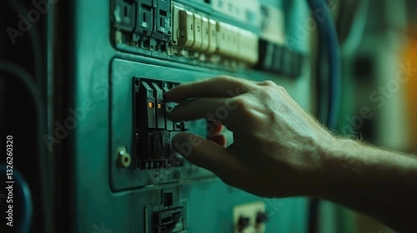 Fototapeta Restoring Power: Hand Resetting a Tripped Circuit Breaker in a Home Electrical Panel