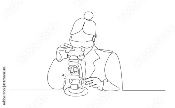 Fototapeta Continuous line single line of woman professional scientist microscope science technology for biology research and laboratory microbiology. Sketch drawing editable stroke vector illustration