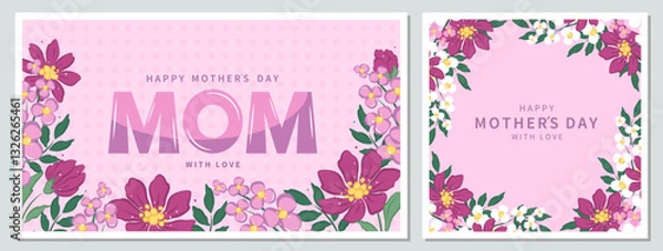Fototapeta Mother's Day card, banner, poster, label, template or cover with flowers frame. Spring summer floral design. Vector illustration