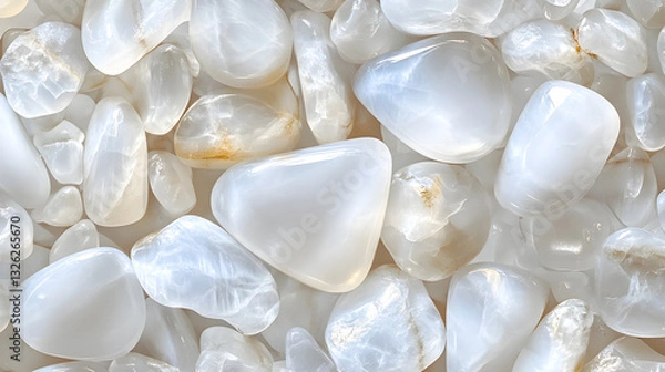 Fototapeta A background of smooth, polished moonstone with a milky white tone and a soft glow, white pebbles background