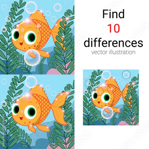 Fototapeta Find 10 differences. Educational game for children. Underwater life. Goldfish and bubble.