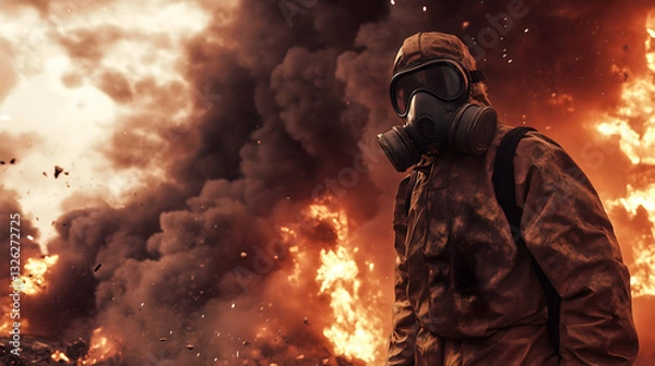 Obraz Man in protective suit and gas mask against apocalypse background