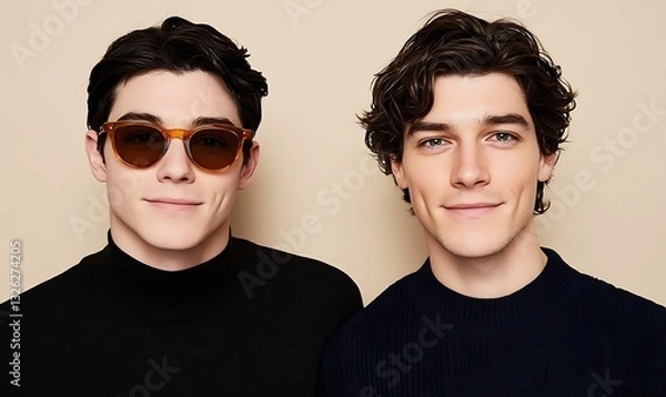 Obraz Two Young Men Posing for a Portrait in Casual Fashion with Sunglasses and Black Turtleneck