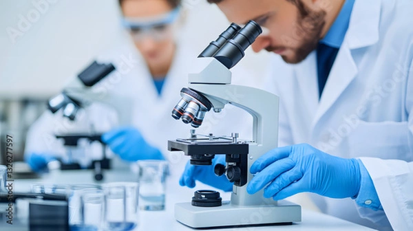 Fototapeta Scientists using microscopes in a lab symbolizing cancer research and medical advancements in the fight against diseases.

