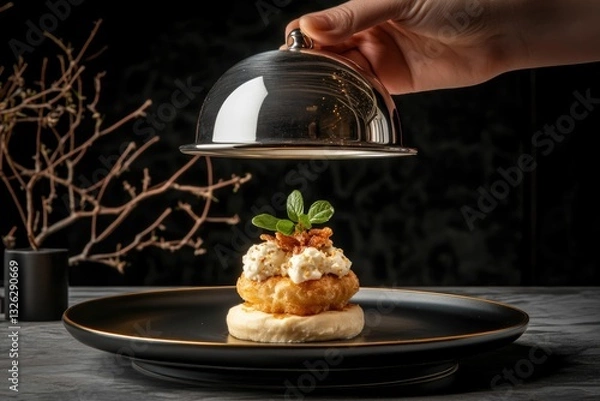 Fototapeta Elegant Dish Presentation With Cloche in Modern Dining Setting During Evening