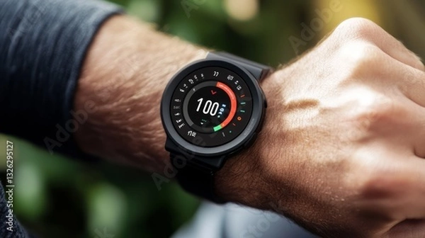 Fototapeta Modern Fitness Tracker on a Man Wrist, Showing Health Metrics and Time.
