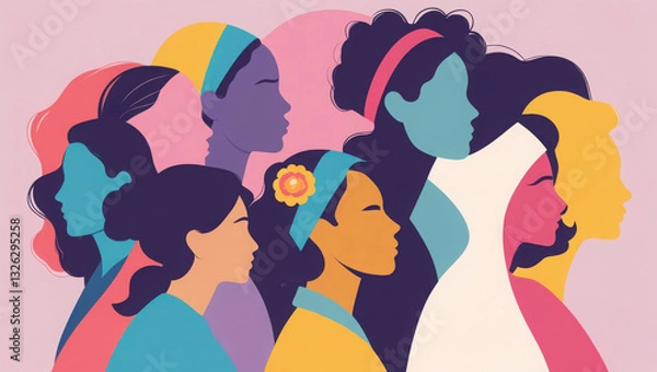 Fototapeta Colorful silhouettes of diverse women with empowering typography and a pastel background celebrating International Women's Day
