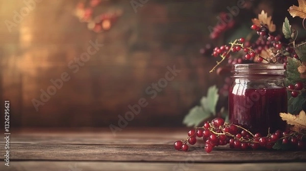 Fototapeta Rustic jar of red berry jam with fresh currants and autumn leaves on wooden table
