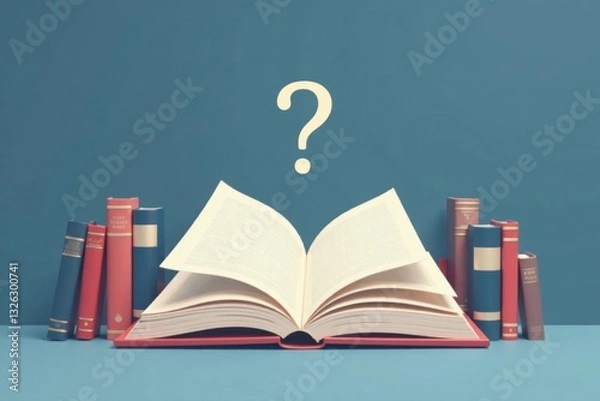 Fototapeta Open Book with Question Mark and Stack of Books Representing Curiosity and the Search for Knowledge