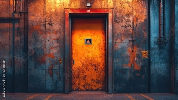 Fototapeta Rusty elevator, industrial setting, background pipes, mystery
