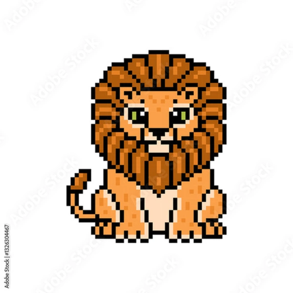Fototapeta Pixel art lion sitting, cute cartoon character isolated on white background.  Old school vintage retro 8 bit 80's-90's slot machine, 2d video game graphics. Zoo or wildlife animal mascot.