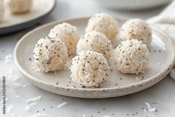 Obraz Coconut bliss balls on white plate, soft natural lighting. Artificial intelligence image