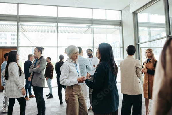 Obraz Diverse professionals networking at a business event in a modern office building