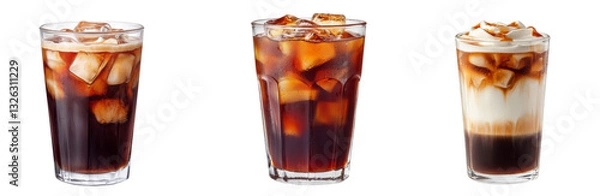 Fototapeta Refreshing iced coffee drinks in clear glasses with ice cubes