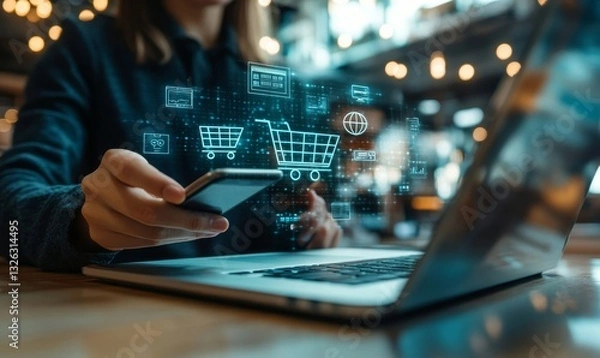 Fototapeta a person holding a smartphone with online shopping concept with shopping carts and icons.