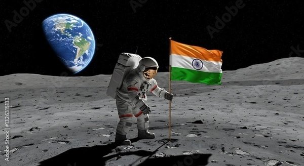 Fototapeta Astronaut Planting Indian Flag on Lunar Surface with Earth in Background