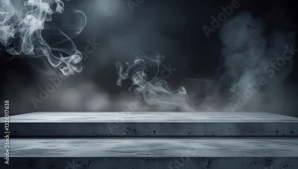 Fototapeta Gray textured concrete platform, podium or table with smoke in the dark. Abstract And Defocused Halloween Backdrop. background for product