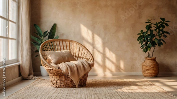 Obraz Blank beige wall mockup in boho room interior