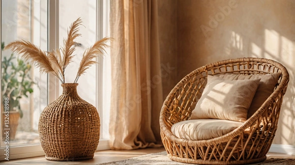Obraz Blank beige wall mockup in boho room interior