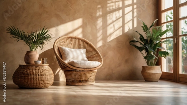 Obraz Blank beige wall mockup in boho room interior