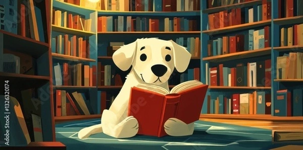 Fototapeta A friendly white dog sits reading inside a library building