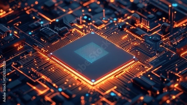 Fototapeta Abstract Close-up of Circuit Board with Glowing Microchip and Wires